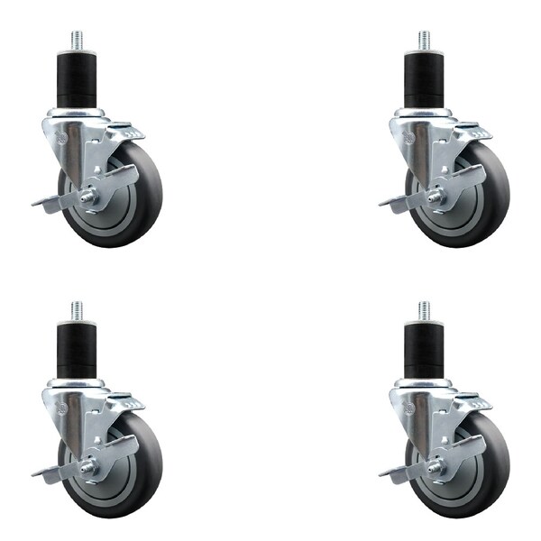 4'' SS Thermoplastic Rubber Swivel 1-3/4'' Expanding Stem Caster Set with Brake, 4PK